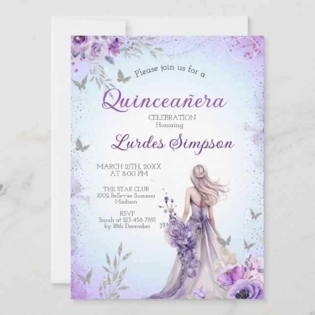 Convite  Quinceañera invitation Purple and Silver (Frente)