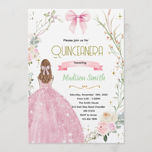 Convite Quinceanera laço floral Coquette (Frente)