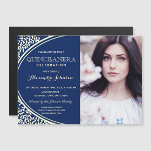 Convite Quinceanera Luxo Elegante Azul Real & Ouro Foto