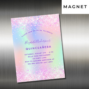 Convite Quinceanera, luxo holográfico roxo, cor-de-rosa