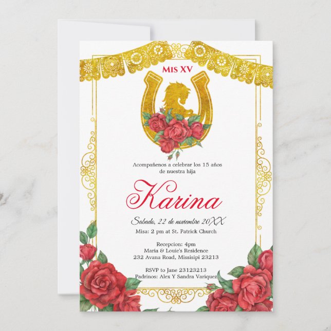 Convite Quinceanera para Charra 15 rosa vermelha M (Frente)