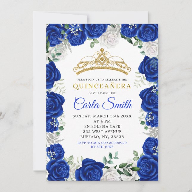 Convite Quinceañera para Rosas Azuis Silver e Roya (Frente)