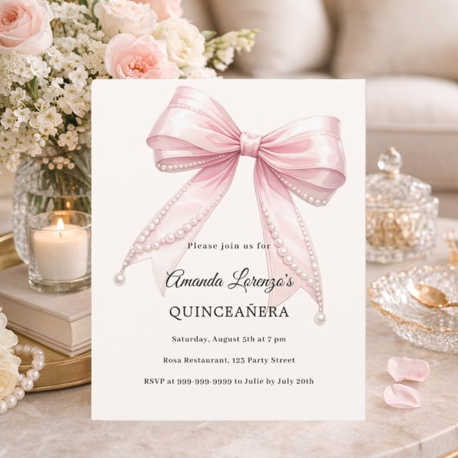Convite Quinceanera pérolas de marfim com laço ros (Criador carregado)