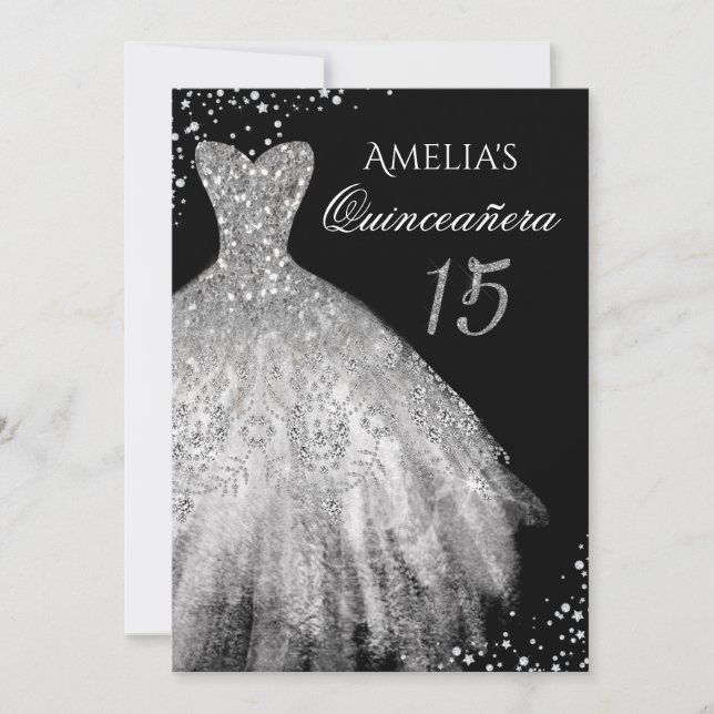Convite Quinceanera Prata Preto Brilho Vestido (Frente)