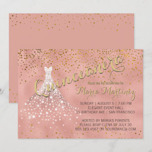 Convite Quinceanera, rosa Dourado Diamond Dress Qu