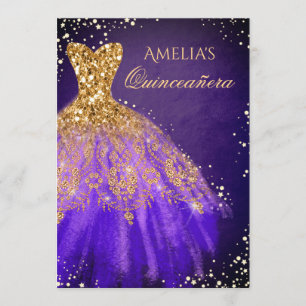 Convite Quinceanera Roupa Brilhante Roxo Dourado