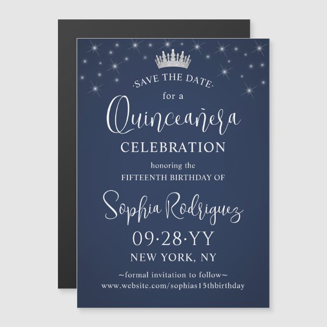 Convite Quinceañera Save the Date Elegant Navy Blue (Frente/Verso)
