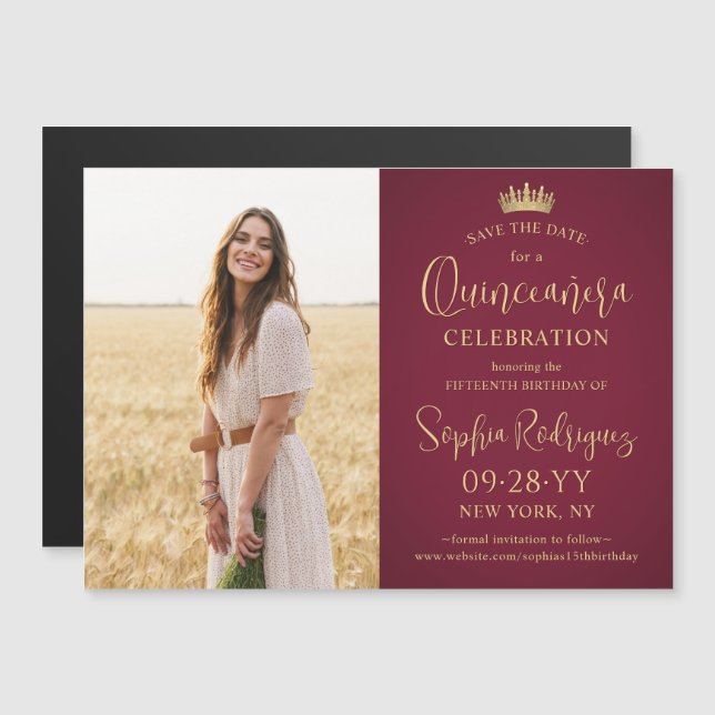Convite Quinceañera Save the Date Photo Burgundy and Gold (Frente/Verso)