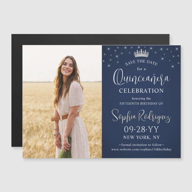 Convite Quinceañera Save the Date Photo Navy Blue Stars (Frente/Verso)