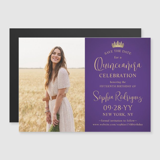 Convite Quinceañera Save the Date Photo Purple and Gold (Frente/Verso)