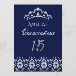 Convite Quinceanera Tiara Brilhante Prata Azul Mar