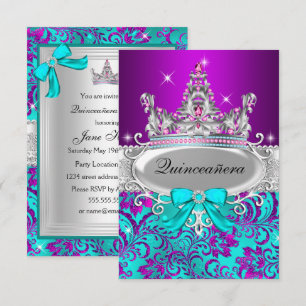 Convite Quinceanera Tiara Brilho Verde Azul Roxo