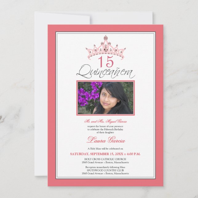 Convite Quinceanera Tiara Joia Rosa (rosa) (Frente)