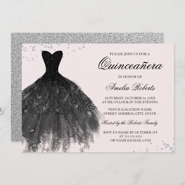 Convite Quinceanera, Vestido Preto Cinza Rosa (Frente/Verso)