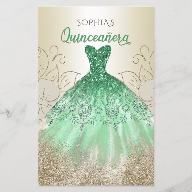 Convite Quinceañera, Vestido Verde de Orçamento (Frente)