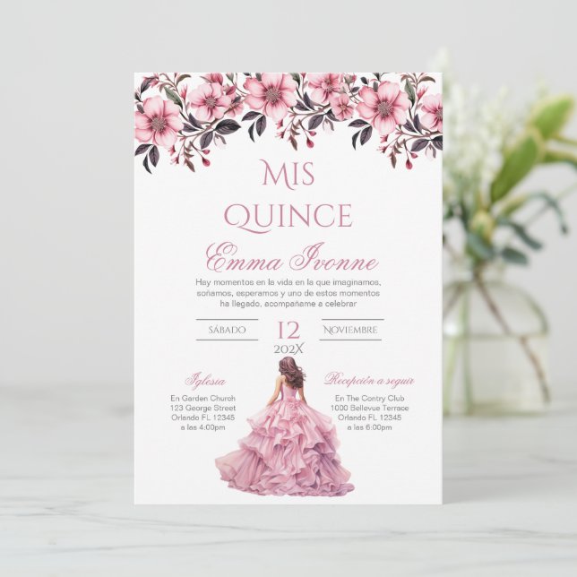 Convite Quinceñera em língua espanhola, de cor ros (Em pé/Frente)