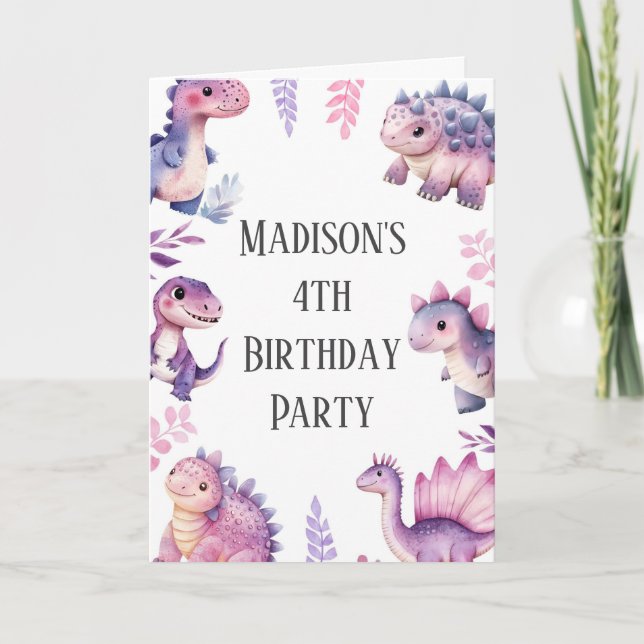 Convite Raparigas Dinossauras Bonitas Pensaram Aniversário (Frente)