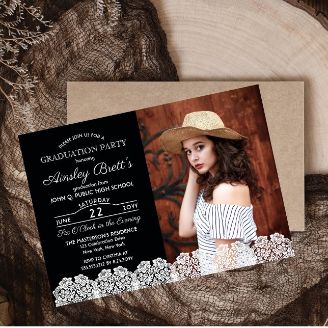 Convite Rastreio Russo Country | Festa de formatura de fot (Rustic Country Lace Photo High School Graduation Announcement and Party Invitation - Print | Digital)