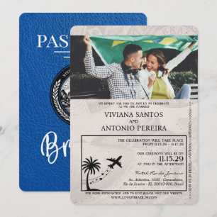 Convite Real Azul Brasil para Casamento Passaporte