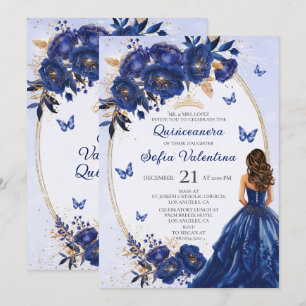 Convite Real Azul e Dourado Quinceañera