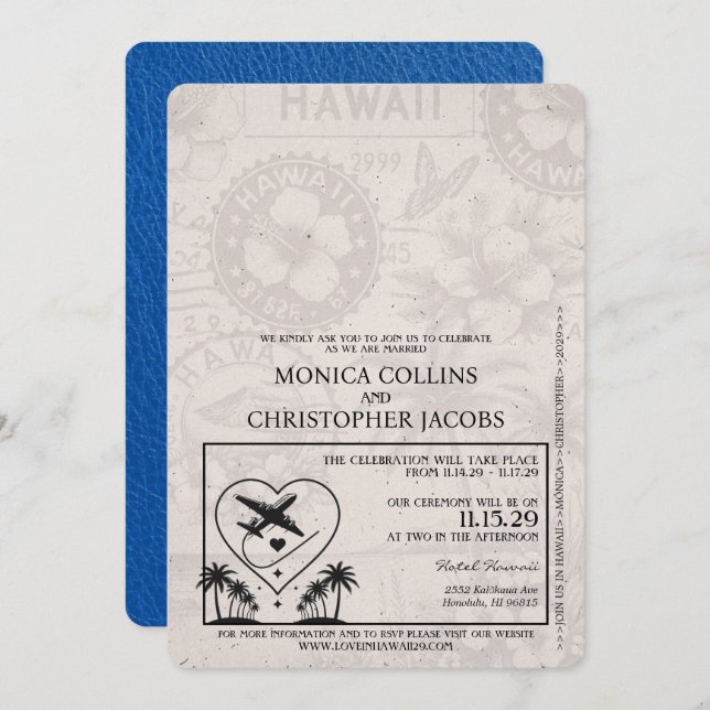 Convite Real Blue Hawaii Passaporte Casamento (Frente/Verso)