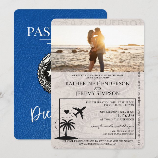 Convite Real Blue Puerto Rico Passaporte Casamento (Frente/Verso)