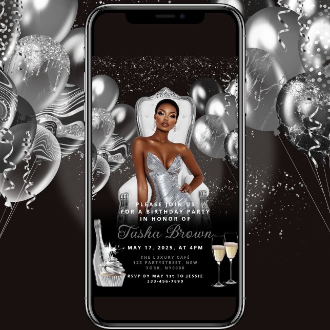 Convite Real de Aniversário de Silver Glam Balões (Criador carregado)