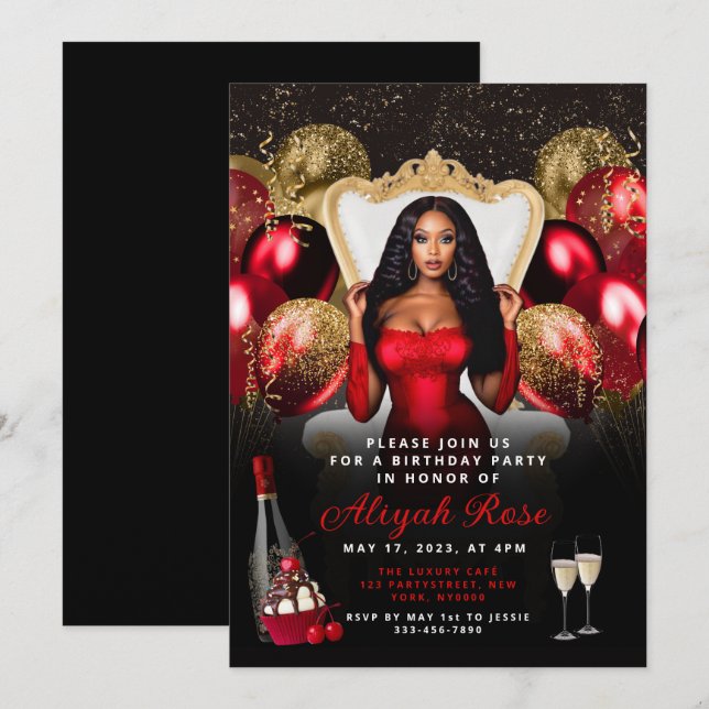 Convite Real de Aniversário para Balões Vermelhos  (Frente/Verso)