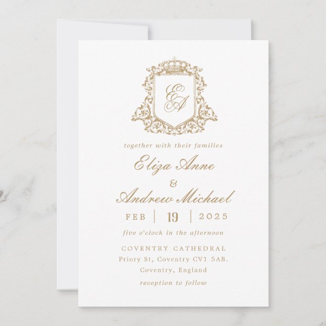 Convite Real Dourado Monograma Crest Casamento (Frente)