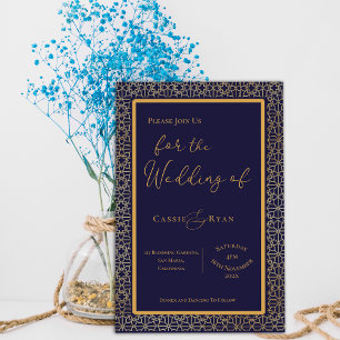 Convite Real Elegante Azul e Dourado Casamento