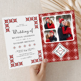 Convite Red and Black Ukrainian Embroidery QR Code Wedding