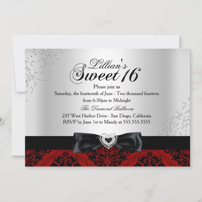 Convite Red Black Damask Sparkle Sweet 16 (Frente)