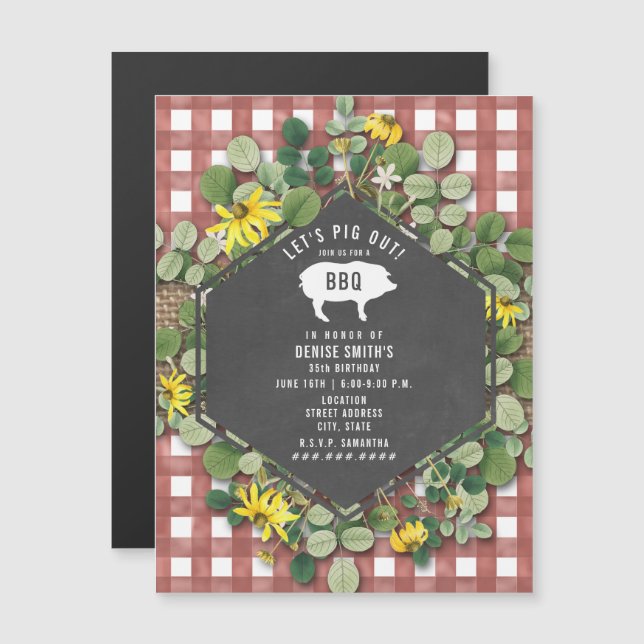 Convite Red Gingham Pig Burlap Floral Birday Churrasco (Frente/Verso)