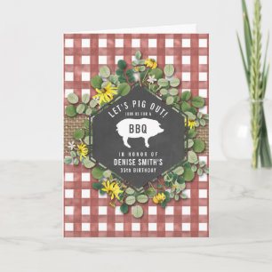 Convite Red Gingham Pig Burlap Floral Birday Churrasco