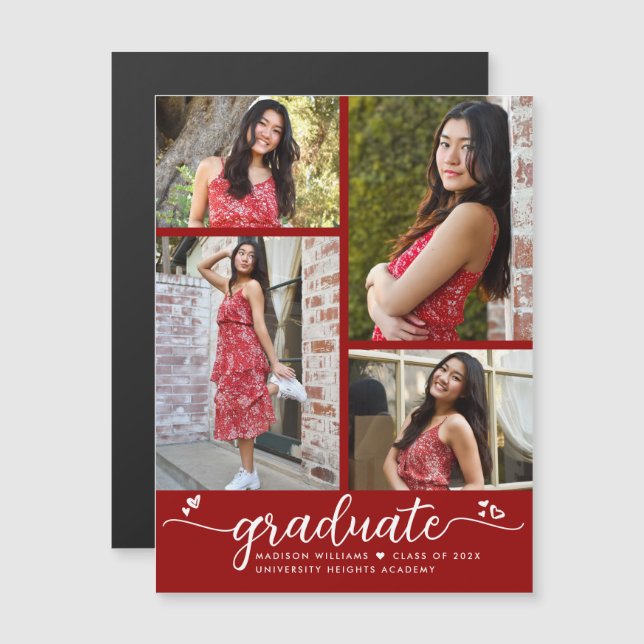 Convite Red Graduation 4 Photo Script Heart Modern Girly (Frente/Verso)
