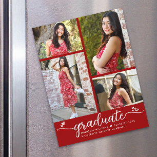 Convite Red Graduation 4 Photo Script Heart Modern Girly