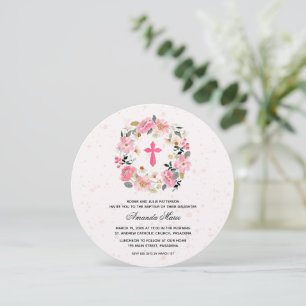 Convite Redondo Floral Rosa Aguarela para Batismo