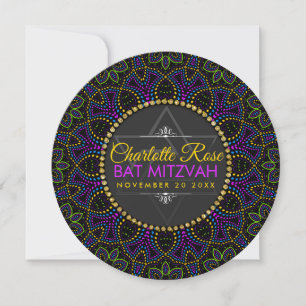 Convite Redondo Groovy Bat Mitzvah Neon Mandala