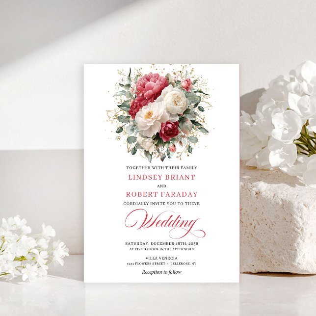 Convite Refined Bohemian Rubi Vermelho Branco Dour (Refined Bohemian Ruby Red White Gold Invitation)