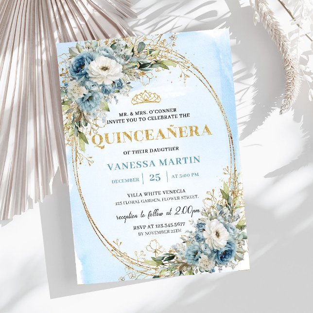 Convite Refined Dusty Blue Gold Folhagem Quince 15 (Refined Dusty Blue Gold Greenery Quince 15 Invite)