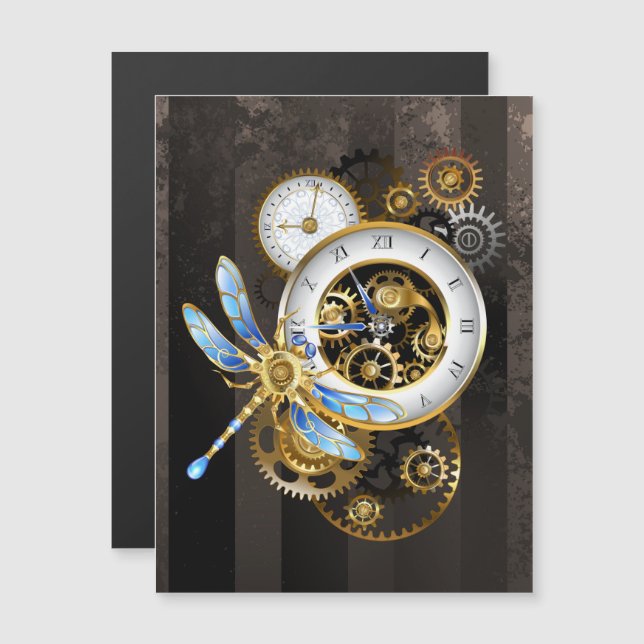 Convite Relógio Steampunk com Libélula Mecânica (Frente/Verso)