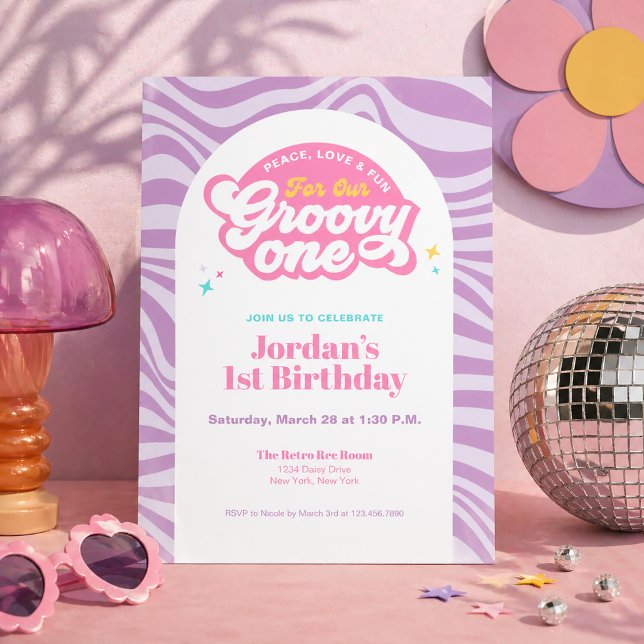Convite Retro Boho Aniversário de Um Ano Groovy  (Criador carregado)