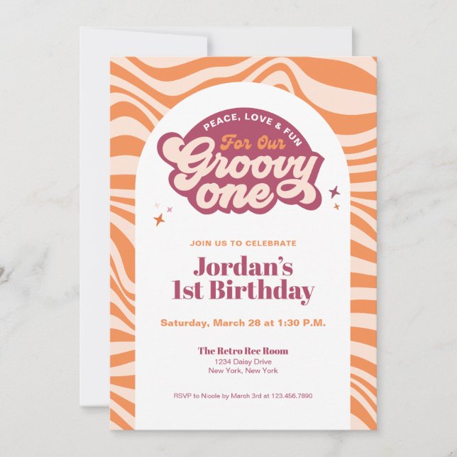Convite Retro Boho para Primeiro Aniversário Groov (Frente)