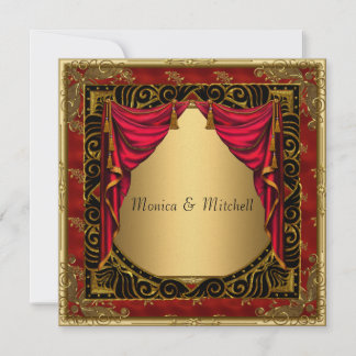 Convite Retro Dourado Preto Vermelho de Casamento