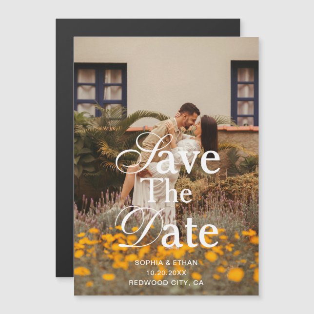 Convite Retro Elegant Script Photo Wedding Save The Date (Frente/Verso)