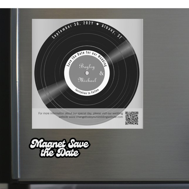 Convite Retro Vinyl Record Wedding Save the Date Magnet (A simple and elegant retro vinyl record magnet save the date magnetic card)