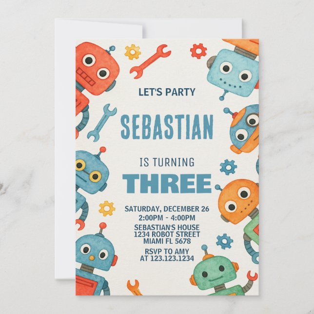 Convite Robot aniversário de 3 anos (Frente)