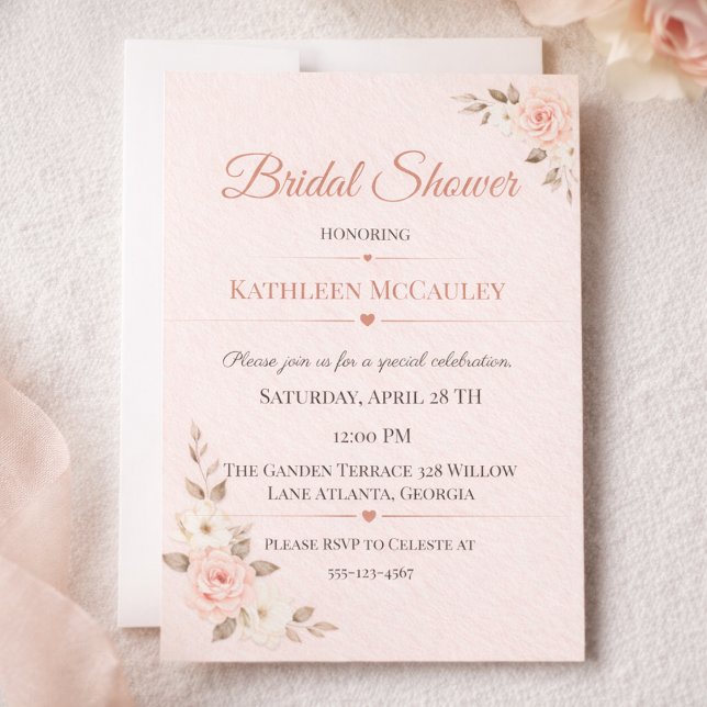 Convite Romance Floral Blush (Blush rose bridal shower card with soft botanical florals for romantic garden celebrations)