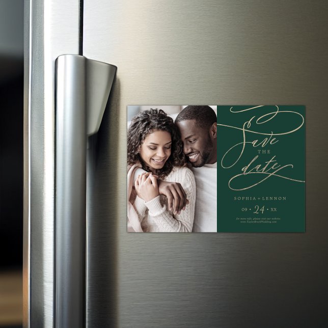 Convite Romântica Foto da Caligrafia Verde Salva a Data (Criador carregado)