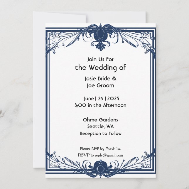 Convite romântico ao casamento azul vitoriano (Frente)